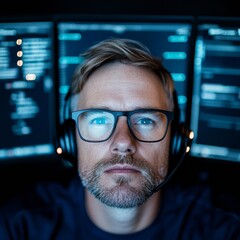 Fototapete - Contemporary Tech Design Male Operator with Headset and Monitors in Sleek Workspace - Efficient Communication Hub for Emergency Response and Coordination Technology