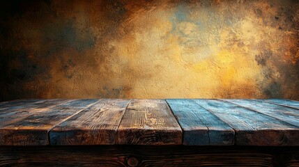 Poster - The surface of a clean wooden table reflects a rustic charm, positioned against a beautifully weathered wall with warm hues, perfect for meals, artwork, or cherished moments shared