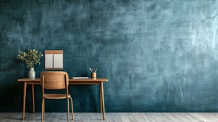 Poster - Minimal and modern wooden desk setup with laptop computer lamp plant and other office accessories in a cozy and serene home workspace environment  Conceptual image for productivity focus and