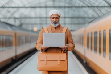 Poster - Smart-Casual Digital Nomad Lifestyle Leather Bag and Laptop on Modern Train Platform - Enhancing Remote Work and Urban Mobility for Business Innovation