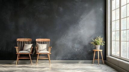 Poster - Minimalist and serene interior design with wooden chairs and a small potted plant placed on a simple table next to a large window creating a calm and inviting atmosphere in the open uncluttered space