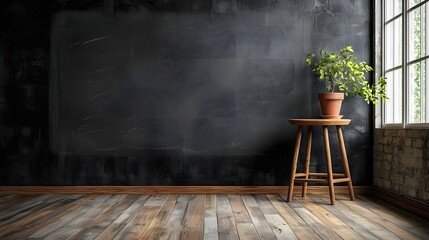 Poster - Peaceful and Minimal Empty Wooden Classroom or Home Office Interior with Plant Pot and Chalkboard on the Wall and Bright Natural Light from the Window