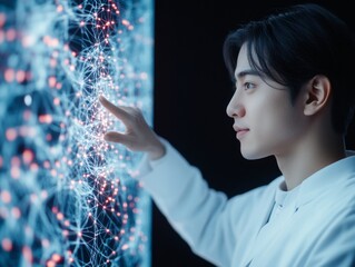 Fototapete - Futuristic Innovation Showcase Asian Male Scientist, 30, in White Lab Coat Interacting with Holographic Design on Digital Screen - Cutting-Edge Tech and Business Innovation Vision