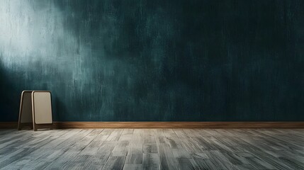 Poster - A spacious minimalist room with a dark green wall and hardwood flooring devoid of furniture or decor  The simple and clean interior creates a calm serene atmosphere