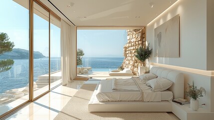 Poster - A luxurious, modern bedroom, clear lines, in warm, cream white colors with sea view.