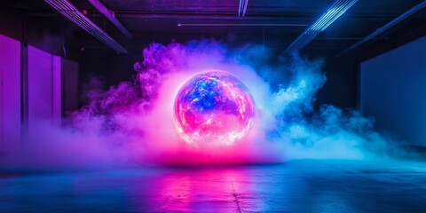 Aufkleber - A vibrant glowing sphere sits in a mist-filled space. It features a blend of pink and blue colors. This captivating image captures a futuristic and imaginative style. AI