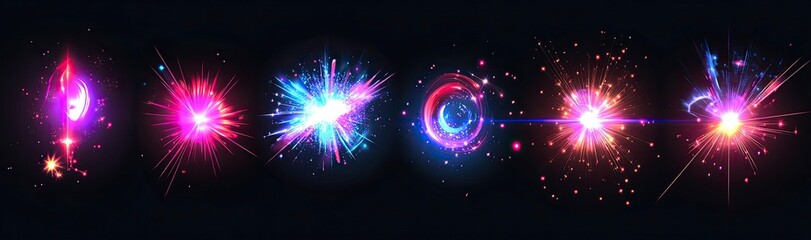 Poster - Set of light effects, sparks, and sparkles on a transparent background. Vector illustration in PNG format with a white border. --ar 64:19 --v 6.1 Job ID: 2f5e1c06-2230-4b61-9876-f5ab4cca242a