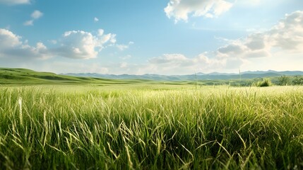 Poster - Stunning landscape of a lush verdant meadow with rolling hills and distant mountains under a bright blue sky filled with fluffy wispy clouds  Tranquil peaceful and serene countryside scenery