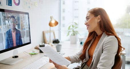 Wall Mural - Computer, video call and smile with business woman in office for communication, webinar and consulting. Report, finance growth and virtual chat with person in agency for teamwork and client portfolio