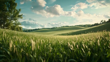 Poster - Lush green rolling meadows and hills under a blue cloudy sky in a serene picturesque rural landscape  Tranquil scenic countryside view with flourishing vegetation and nature