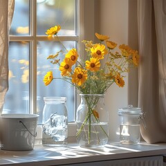 Poster - A transparent glass vase with yellow flowers on the windowsill, next to an ice bucket and two white glasses of water, a bright kitchen.