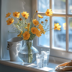 Poster - A transparent glass vase with yellow flowers on the windowsill, next to an ice bucket and two white glasses of water, a bright kitchen.