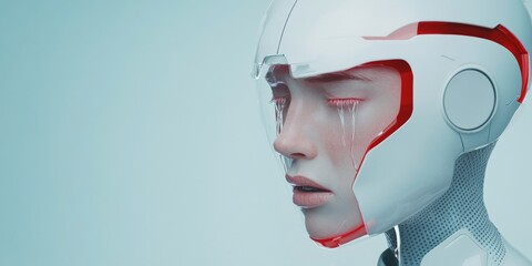 Aufkleber - Futuristic Emotional Tech AI-Driven Android with Synthetic Tears and Red Accents - Enhancing Digital Marketing and Human-Machine Interaction