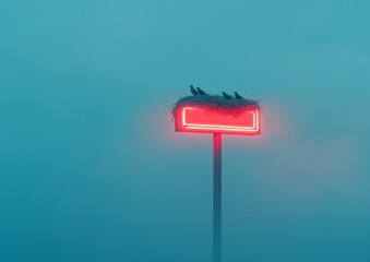 Aufkleber - Urban Eco Aesthetics Birds Nesting in Neon Letters on a Weathered Sign - Visual Storytelling for Sustainable City Branding and Wildlife Awareness Campaigns