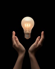 Poster - Minimalist Innovation Hands Framing Glowing Light Bulb - Eco-friendly Technology Visuals for Business Sustainability and Energy Efficiency in Marketing Strategies
