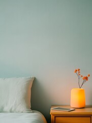 Aufkleber - Calming Minimalist Bedroom Ambient Smart Lighting and IoT Tablet on Maple Nightstand - Intelligent Home Design and Connected Living Spaces for Contemporary Comfort