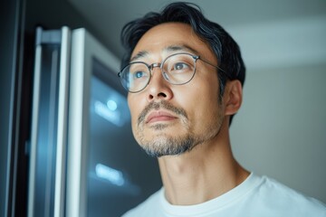 Aufkleber - Modern Classic Aesthetic Contemplative Male with Glasses at Open Refrigerator Textured Interior Design for Contemporary Home and Smart Kitchen Innovations