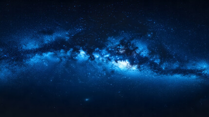 Wall Mural - a panoramic view of the blue night sky filled with the milky way and stars, captured on a dark backg