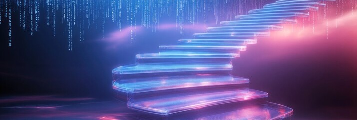 Leinwandbilder - Neon Glowing Staircase to Digital Infinity