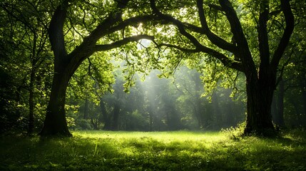 Poster - Peaceful and Serene Lush Green Forest Landscape with Sunlight Filtering Through the Branches and Leaves Creating a Tranquil and Idyllic Outdoor Scene