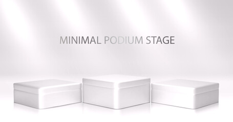 Poster - 3d podium with white metallic shine and square product on window light background. in minimalist des