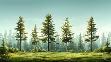 Poster - Tranquil and picturesque pine forest landscape with tall evergreen trees lush green foliage and warm sunlight filtering through the branches creating a peaceful and serene natural scene