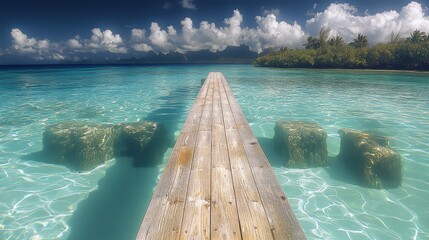 Poster - A tropical lagoon with a wooden dock stretching into the clear water.