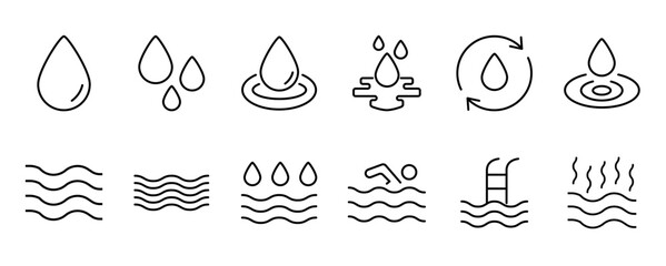 Wall Mural - water drops icon set. editable vector pack of water line icons. a drop of water. glass, magnifier, w