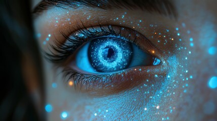 Glowing blue digital eye detail close-up
