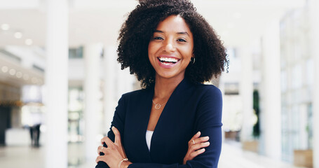 Wall Mural - Smile, portrait and woman in office with arms crossed, opportunity and professional at law firm. Lawyer, attorney or happy consultant with confidence, business growth and development at legal agency