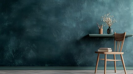 Poster - Cozy and Minimalist Home Interior Design with Wooden Shelves Books Decorative Plants and a Comfortable Wooden Chair  Peaceful and Calming Workspace or Reading Nook in a Minimalist Elegant