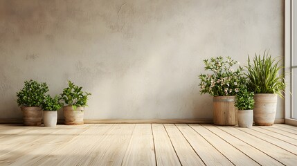 Poster - Cozy and serene indoor plant decor with minimalist wooden floor and wall  The image showcases a tranquil and peaceful home environment with various potted houseplants creating a natural calming