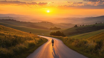 Aufkleber - A lone cyclist pedals along a winding path, surrounded by lush greenery and hills bathed in the warm glow of a stunning sunset. The tranquility of the moment captivates the soul