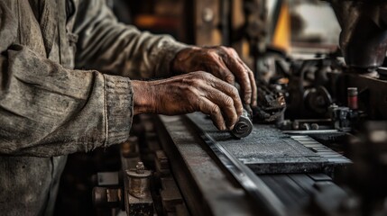 Poster - Closeup of a Mechanic's Hands Working on a Machine