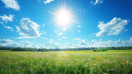 Aufkleber - A radiant wildflower meadow bursts with color as the sun shines brightly, illuminating the lush greenery and delicate blossoms against the clear blue sky
