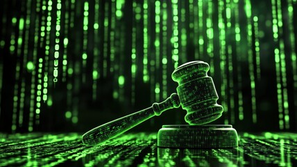 Green digital binary code forming a judge gavel, symbolizing cyber law, justice, and online crime and technology in the digital age gavel