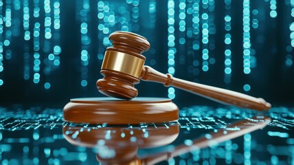 Green digital binary code forming a judge gavel, symbolizing cyber law, justice, and online crime and technology in the digital age gavel