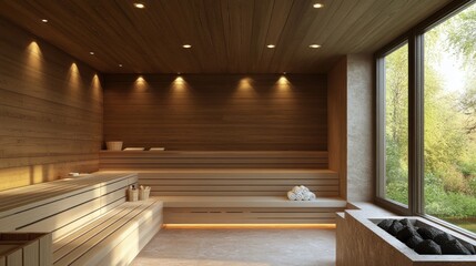 Wall Mural - Modern Wooden Sauna with Window View