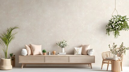 Poster - Minimal and Cozy Living Room with Wooden Furniture and Hanging Greenery Decor   Scandinavian Style Modern Home Interior Design with Neutral Colors Natural Textures and Inviting Atmosphere