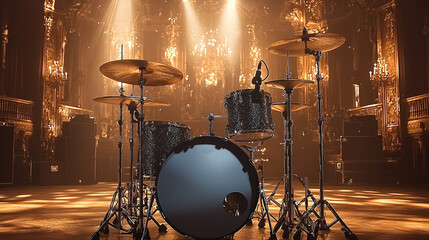 Poster - On the stage, under the spotlight sits a gleaming drum kit, its black body and gold-rimmed details shining brightly under the lights.