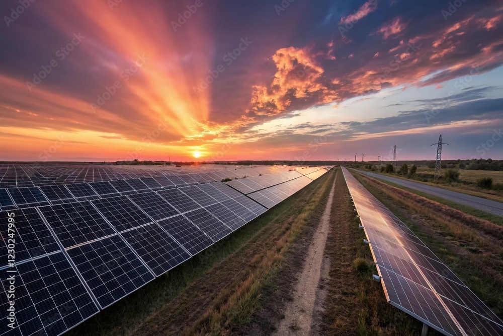Long Exposure Solar Farm at Sunset, Dramatic Sky, Renewable Energy ...