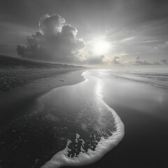 Poster - Serene sunrise beach, waves gently caress shore