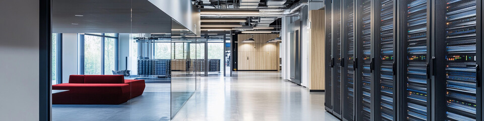 Aufkleber - Modern data center interior with servers and seating area