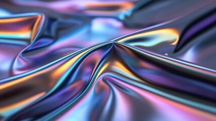 Poster - Abstract Crumpled holographic foil generating iridescent, shimmering surface with dynamic metallic colors reflecting light in vibrant abstract pattern background