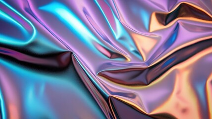 Poster - Abstract Crumpled holographic foil generating iridescent, shimmering surface with dynamic metallic texture colors reflecting light in vibrant abstract pattern background