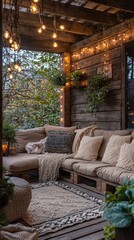 Poster - A tranquil outdoor patio features comfortable seating adorned with soft pillows. Twinkling string lights illuminate the cozy space, perfect for savoring delicious mocha mousse under the stars