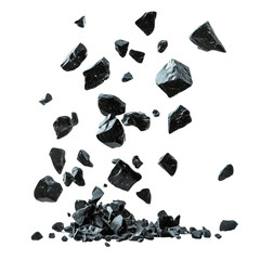Poster - Black Stone Crystals Falling on White Background in a Dynamic Motion