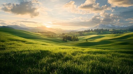 Poster - Breathtaking panoramic view of an idyllic green countryside landscape with rolling hills pine forests and majestic mountains in the distance