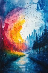 Wall Mural - Colorful path leads to city and forest contrast