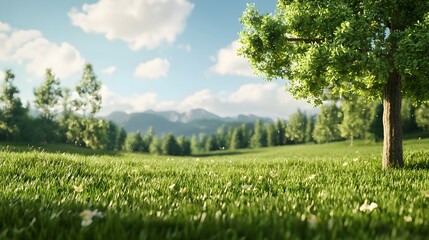 Poster - Expansive lush green meadow with towering trees and a distant mountain range under a partly cloudy sky creating a peaceful and serene natural landscape